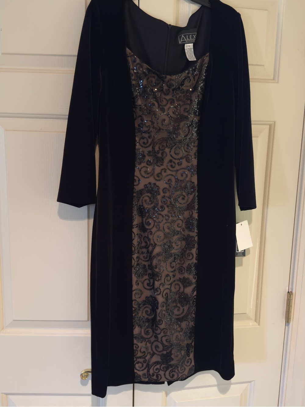 Alex Evenings Black Velvet Dress with Taupe Sequined Panel size 10 NWT
